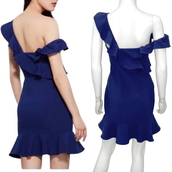 Likely Norvina Ruffle One Shoulder Flounce Mini Dress in Blueprint Blue Size 2 - Picture 2 of 14